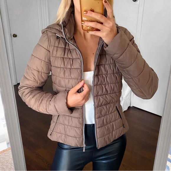🍂 ZARA TAUPE HOODED PUFFER JACKET! - Picture 6 of 16